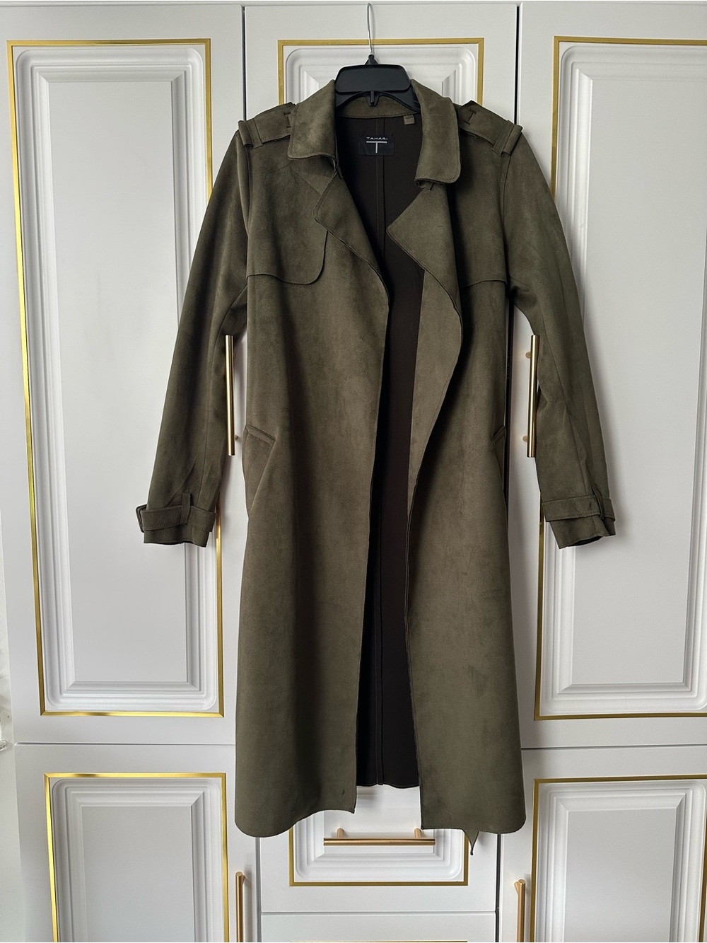 Tahari Olive Faux Suede Long Trench Coat